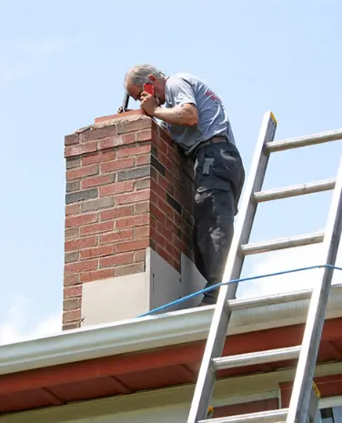 man working on repairing broken chimney with ladder next to him