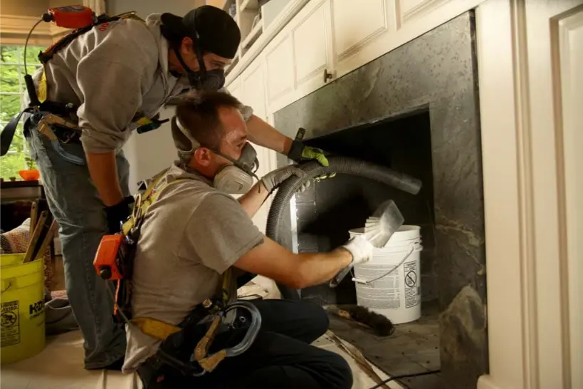 2 professional chimney cleaners working on a dirty fireplace